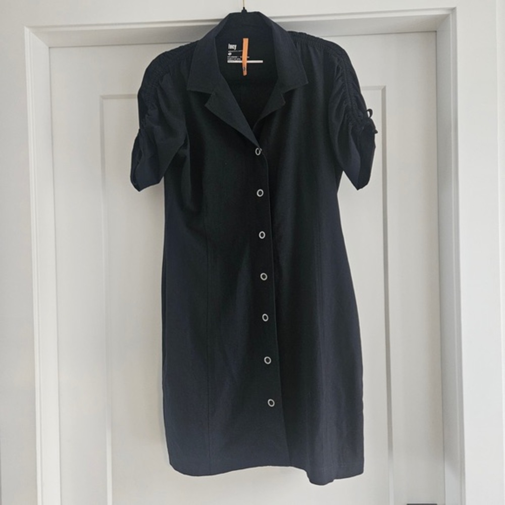 Lucy Black Button-Front Midi Shirt Dress with Ruched Sleeves